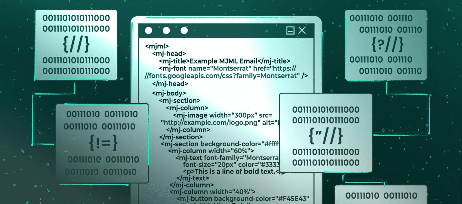 Illustrated MJML code editor surrounded by programming symbols and code blocks representing beginner-friendly email development examples.