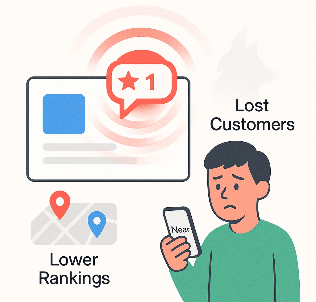 Man holding phone with floating icons of Yelp, Google, and Facebook review platforms, representing NAP consistency in local SEO.