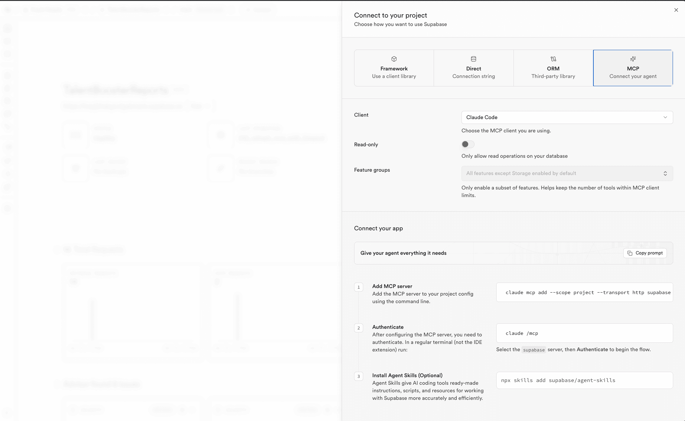 captura de Project Settings con la pestaña MCP connection abierta y la URL del servidor visible