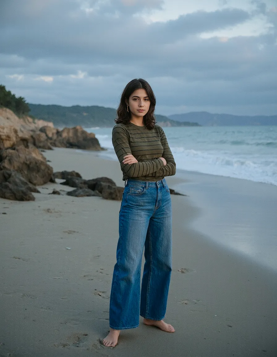 Moody coastal portrait featuring a person in striped top and wide-leg jeans standing on a beach with dramatic cloudy sky and rocks