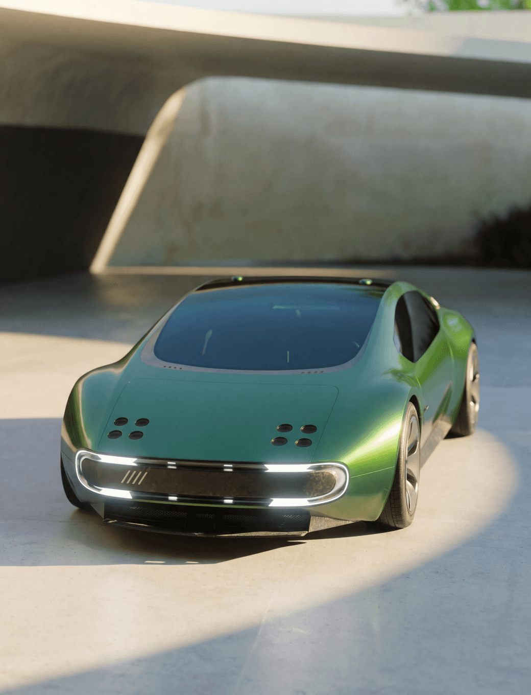Concept electric sports car parked in a modern architectural setting.