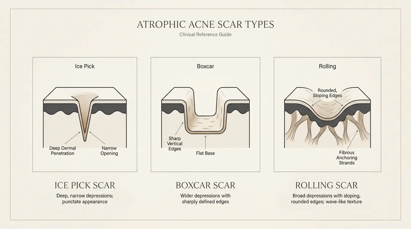 Diagram comparing ice pick, boxcar, and rolling acne scar types in skin cross-section