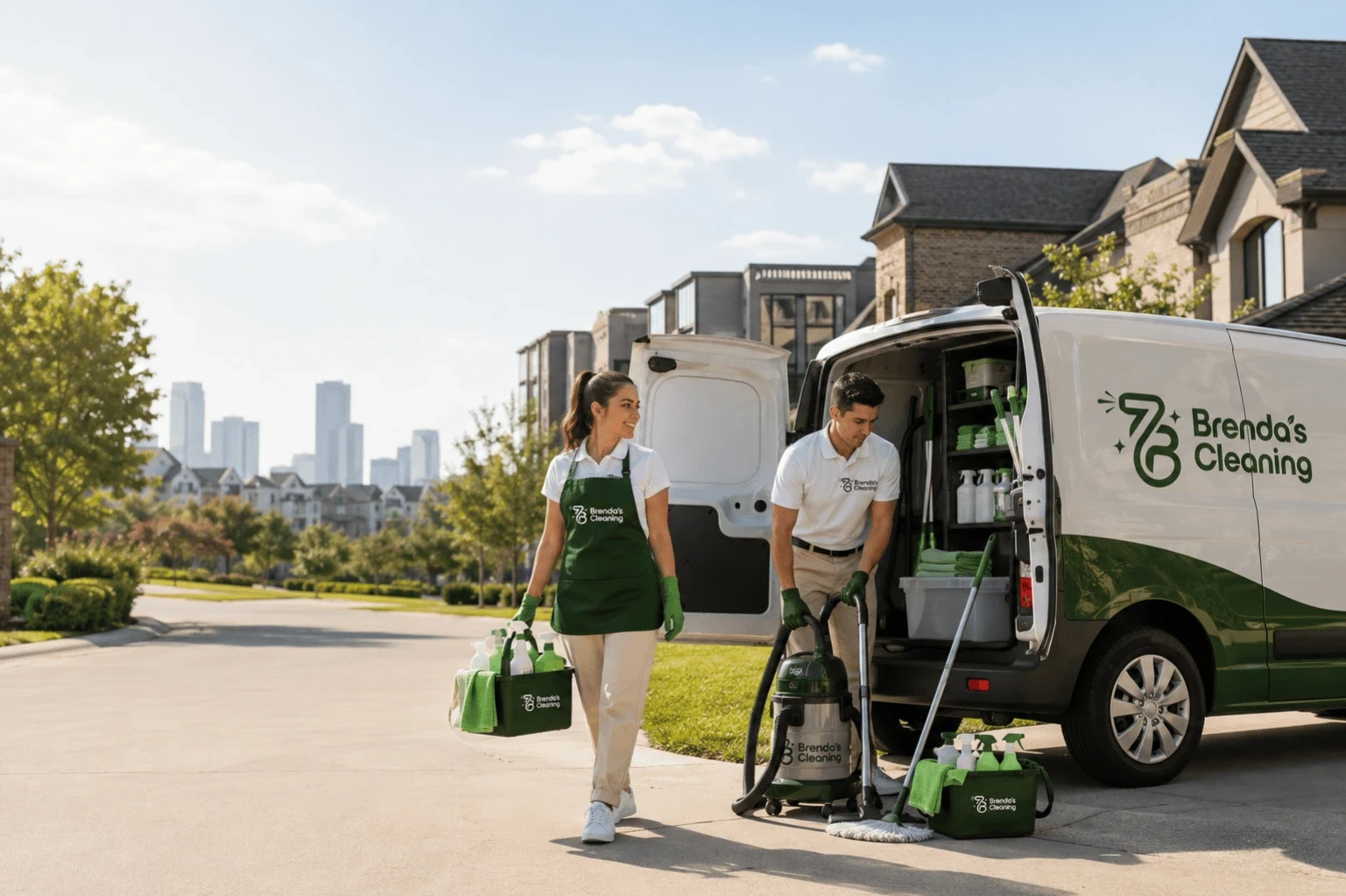 A company-branded dark green crossover SUV service vehicle featuring the Brenda's Cleaning logo parked in the driveway of a beautiful suburban home. The bright neighborhood setting features a two-story traditional residential house with gray siding, white trim, a welcoming front porch, and a beautifully landscaped green lawn with blooming flowers and mature trees, highlighting dependable local residential maid services, professional home housekeeping, and reliable recurring house cleaning services across Keller and Southlake, Texas.
