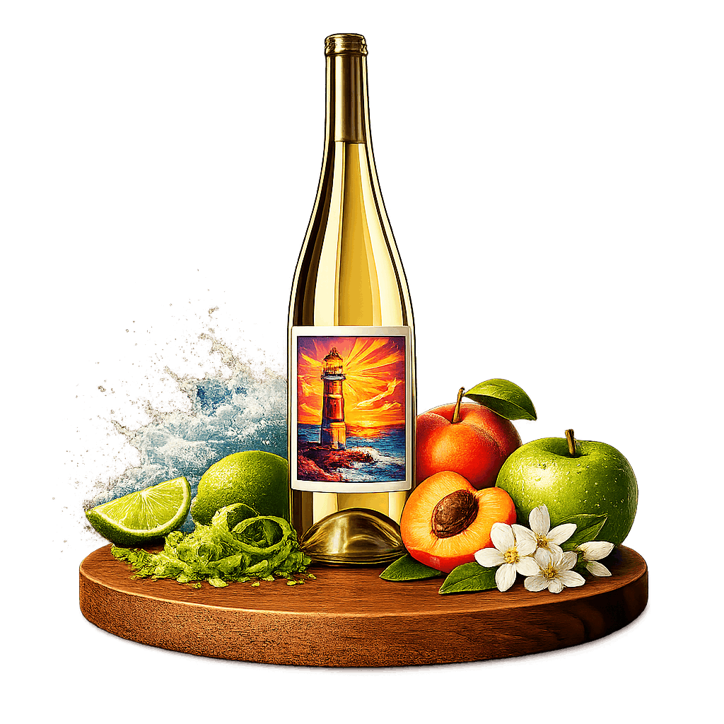 Artistic label and flavor profile for Uruguayan Albariño on a rustic wooden table.