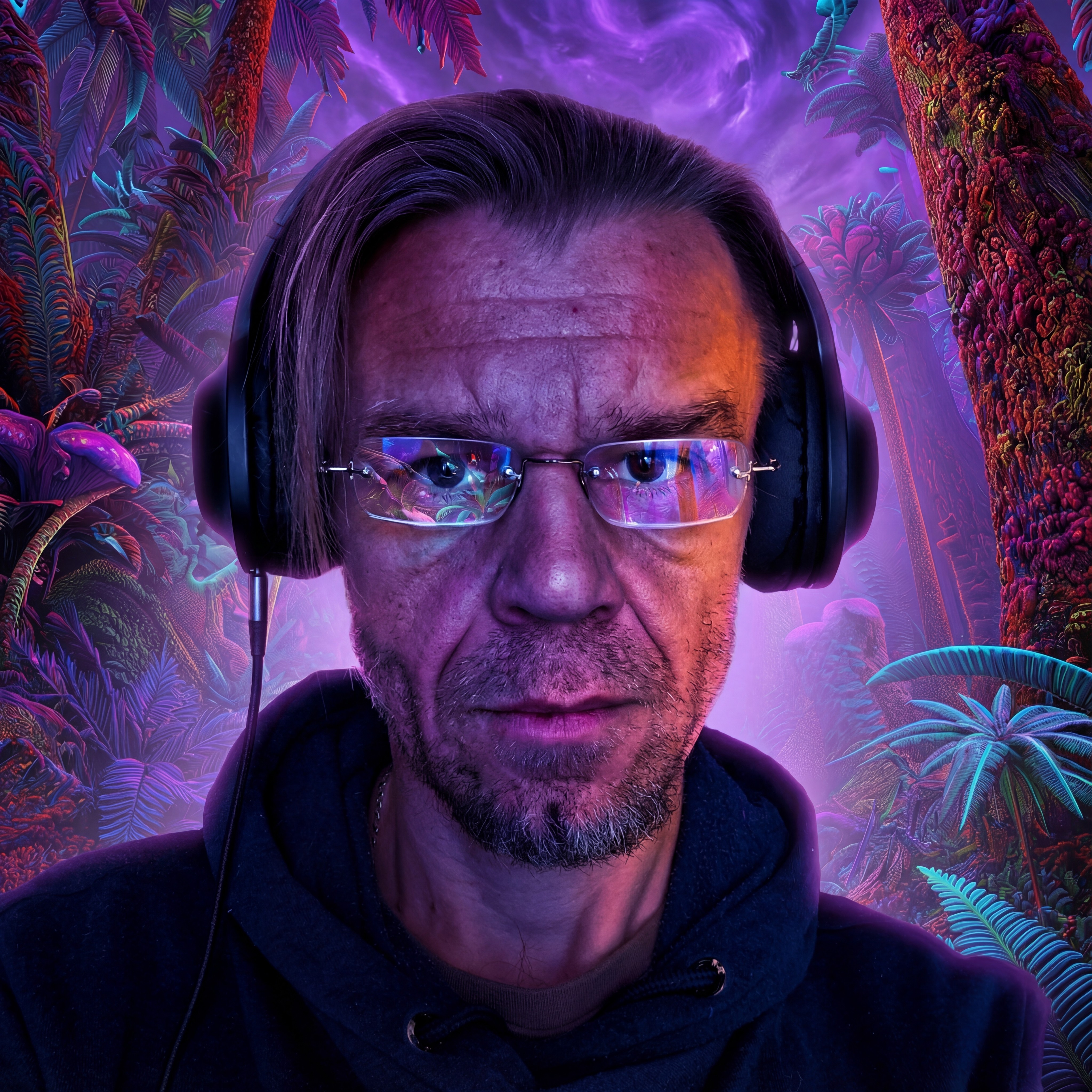 A man with short dark hair and a focused expression looks to the side, illuminated by a striking mix of cold blue light on his face and warm red light from behind. He wears a dark, high-collared outfit that enhances the mysterious, authoritative atmosphere. The background is deep and shadowed, with subtle red nebula-like textures that create a cinematic, otherworldly mood — perfectly aligned with the aesthetic of Cirqus Heresy.