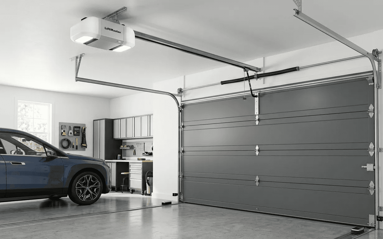 Modern automatic garage door opener system with motor and control components