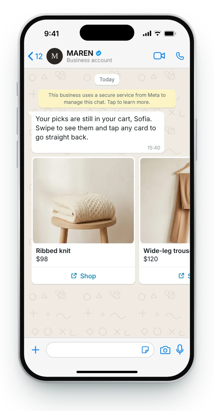 Carousel of the cart items: WhatsApp cart reminder on an iPhone