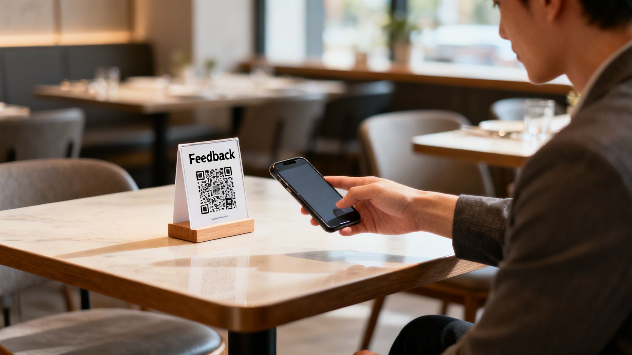 A person scans a QR code labeled 'Feedback' on a restaurant table using a smartphone.