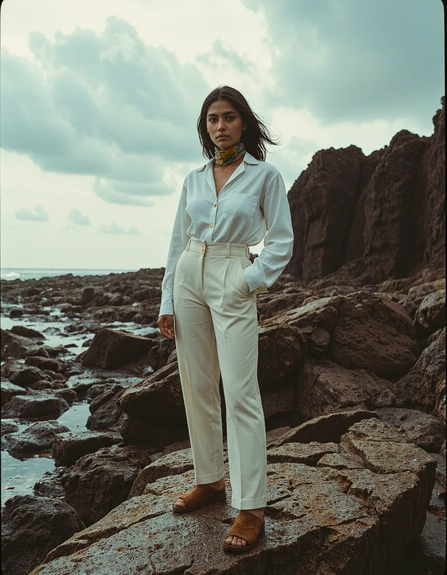 Fashion editorial photograph featuring all-white outfit against dramatic rocky coastline with moody teal sky and ocean waves