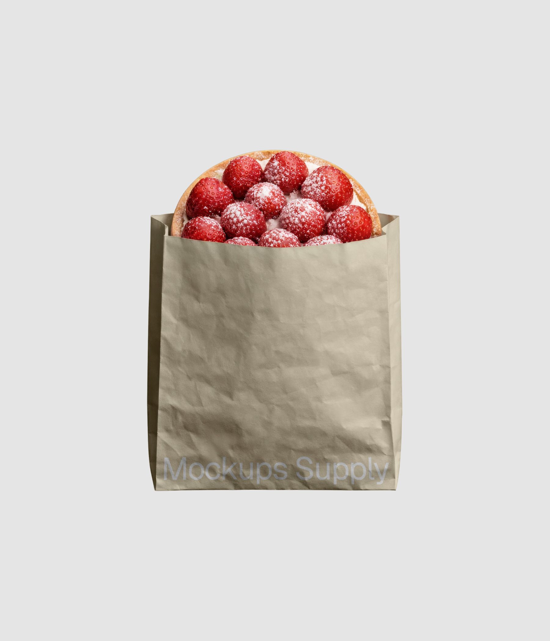 Strawberry tart pastry packaging mockup PSD showing dessert branding presentation in paper bag