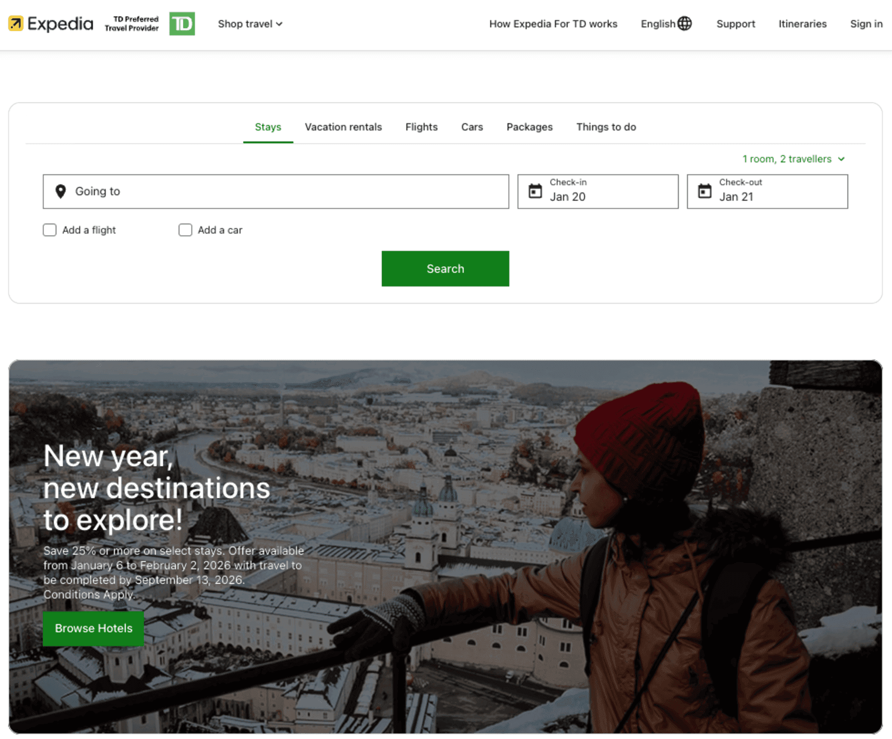The Expedia for TD homepage