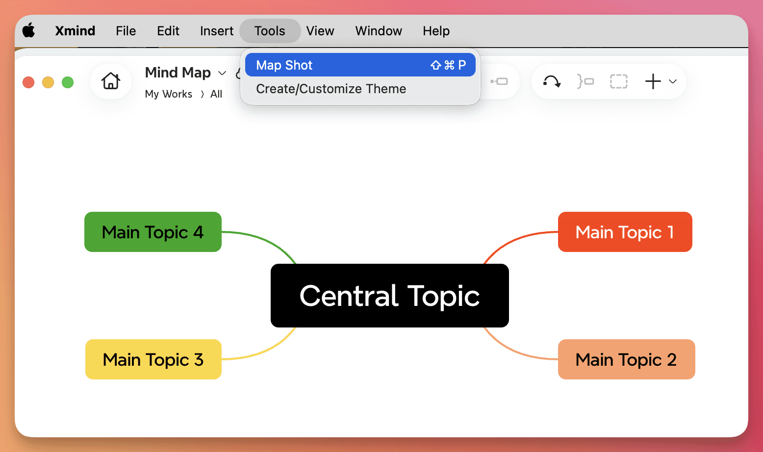 Mind map interface showing a central topic connected to four main topics in various colors.