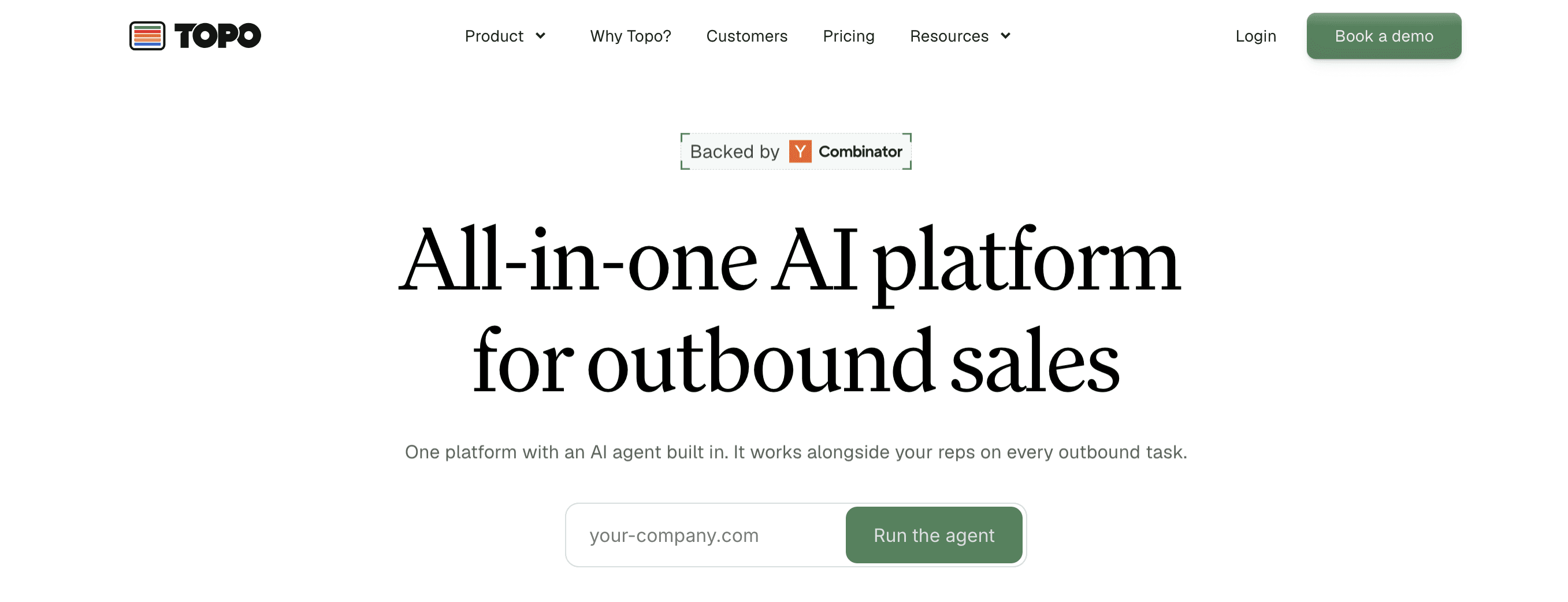 Topo site describing an all-in-one AI platform for outbound sales, with a field to launch the agent on a company domain