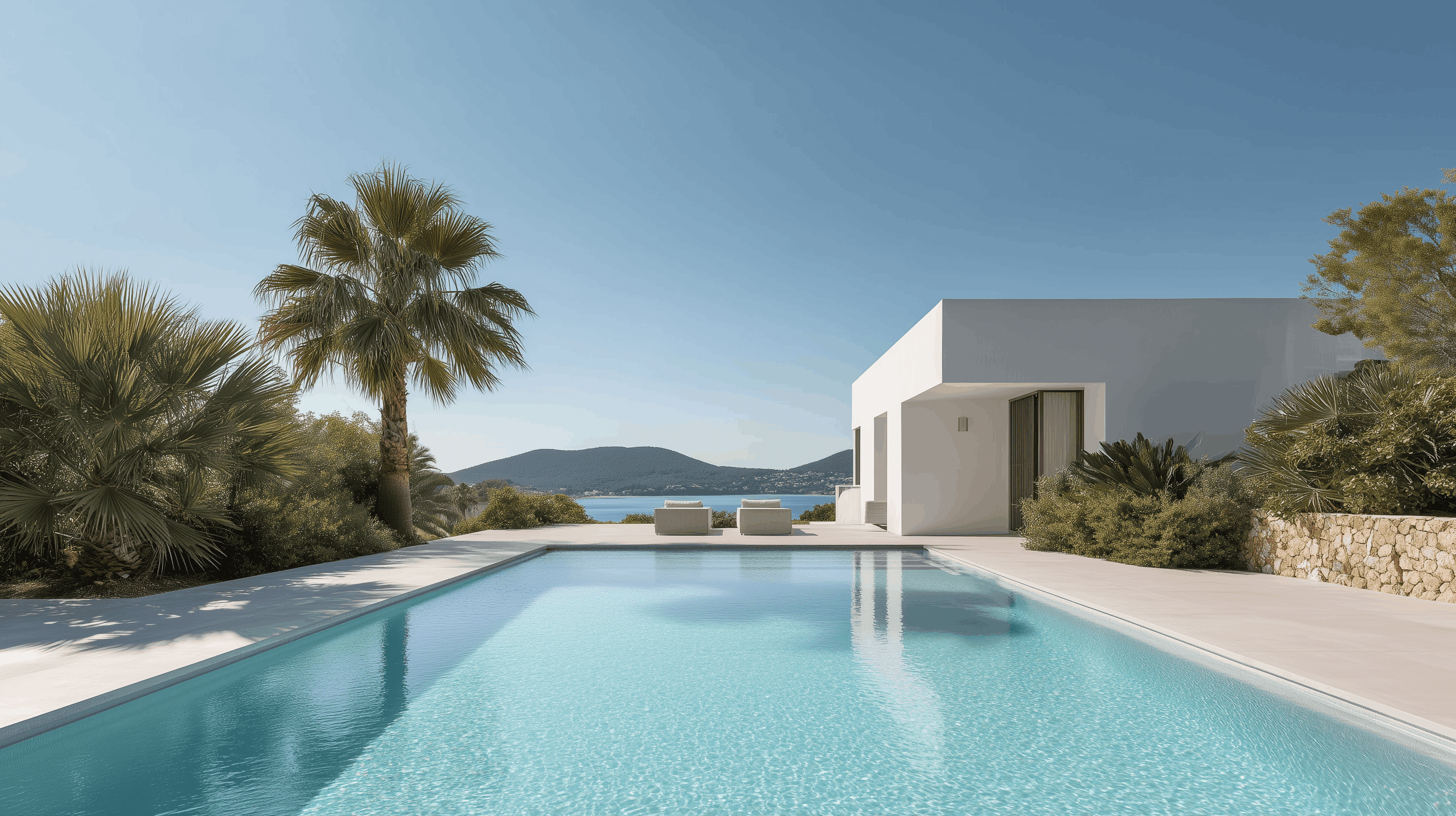 Minimalist white villa with a rectangular swimming pool, palm trees, and a view of distant mountains across the water.