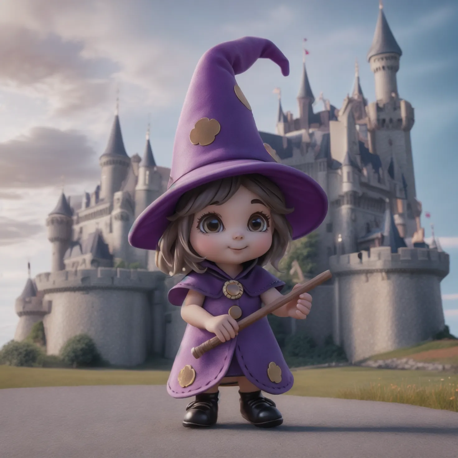 Magician with purple clothes on the road towards a castle. Image genrated by AI using Fuzer