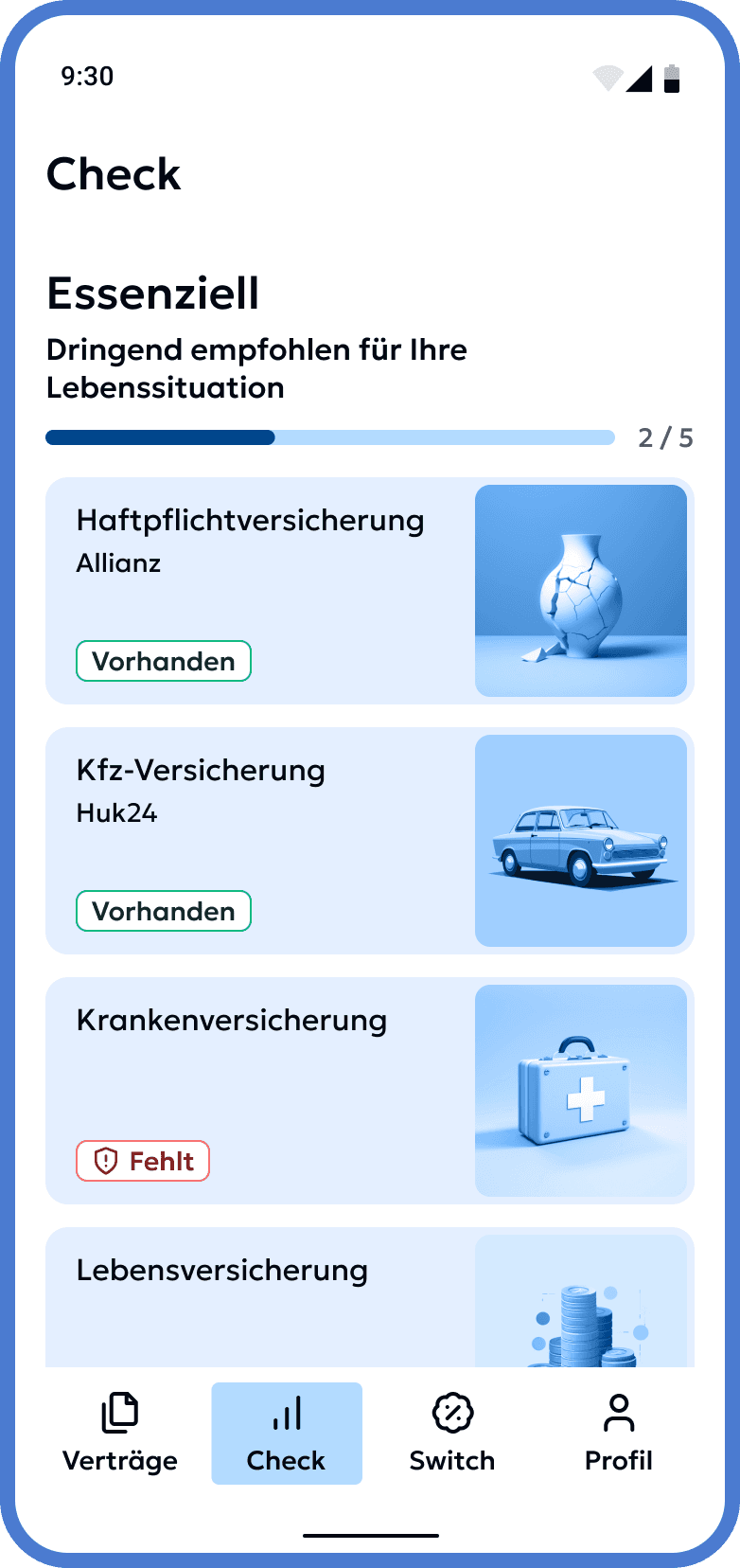 Screenshot der Monio App, der das Ergebnis des Versicherungscheck zeigt, mit empfohlenen Versicherungsverträgen