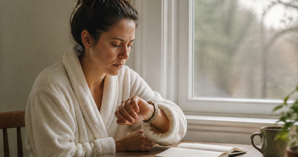 A woman in a dressing gown at a table by a window, looking at her watch (AI-generated image)