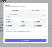livemy.app New project dialog with hamburg-florist.zip selected ready for deploy