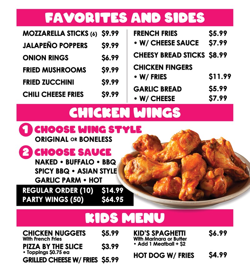 North End Pizza favorites including mozzarella sticks, jalapeño poppers, French fries, chicken fingers, chicken wings, onion rings, and pasta dishes like build-your-own pasta, homemade lasagna, and chicken parmesan in Virginia Beach, VA