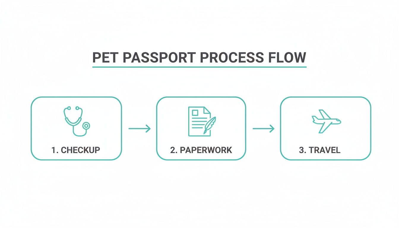 A pet passport process flow diagram with three steps: checkup, paperwork, and travel.