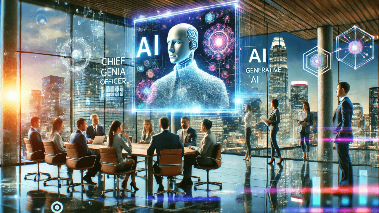 Réunion de dirigeants dans un bureau futuriste autour d’un écran géant affichant une IA humanoïde – mise en avant du rôle stratégique du Chief GenIA Officer