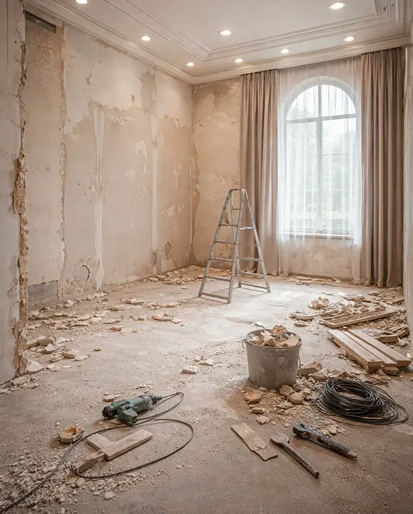 Αποξηλωμένος χώρος παιδικού δωματίου πριν την ανακαίνιση, με εμφανείς φθορές και εργασίες προετοιμασίας από τη Design Chama