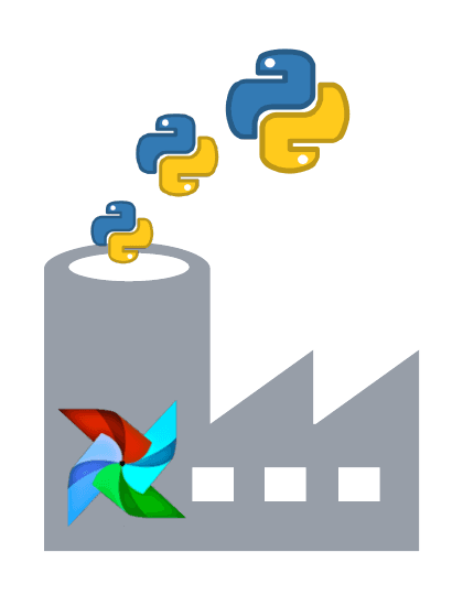 Graphic illustration of a stylized factory with a colorful pinwheel logo, emitting Python programming language logos from its chimney, symbolizing a Python-driven production or workflow