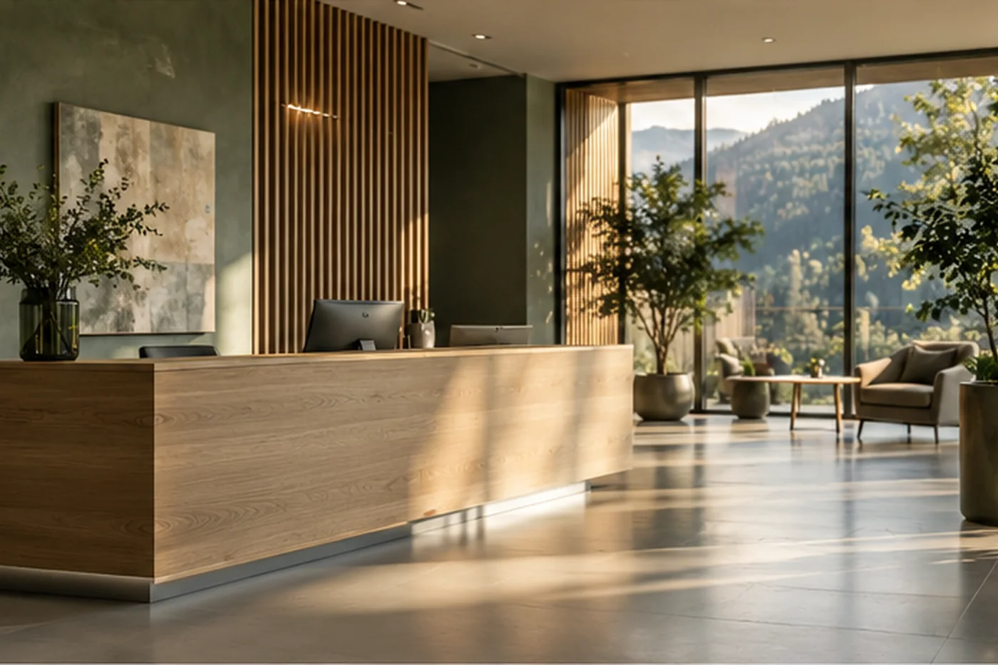 Bright studio reception with an oak desk and a plant