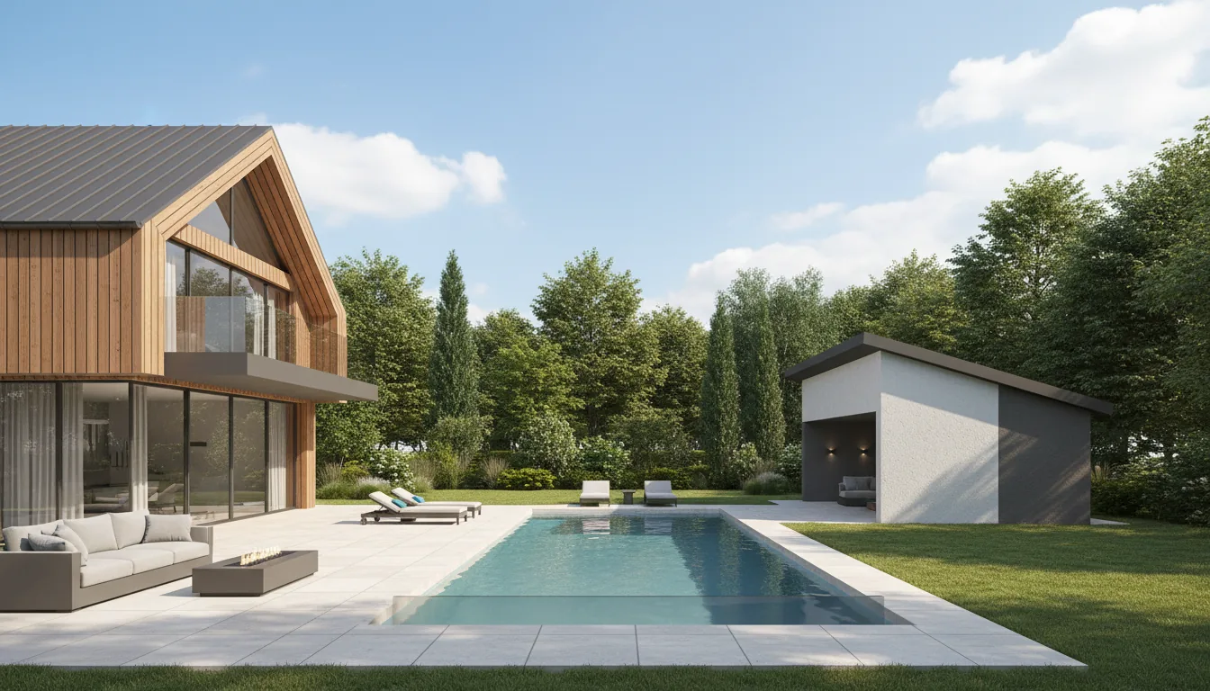 High-detail architectural visualization of a modern backyard with a crystal-clear rectangular swimming pool. Two separate modern buildings with pitched roofs are visible: a two-story house with natural wood siding and a glass balcony, and a single-story pool house with white and dark gray stucco walls. The scene features a light stone patio with minimalist outdoor furniture, surrounded by lush green trees and a manicured lawn. The lighting is bright, natural daylight under a beautiful blue sky with scattered fluffy clouds. Photorealistic 3D render, V-Ray style, soft global illumination.