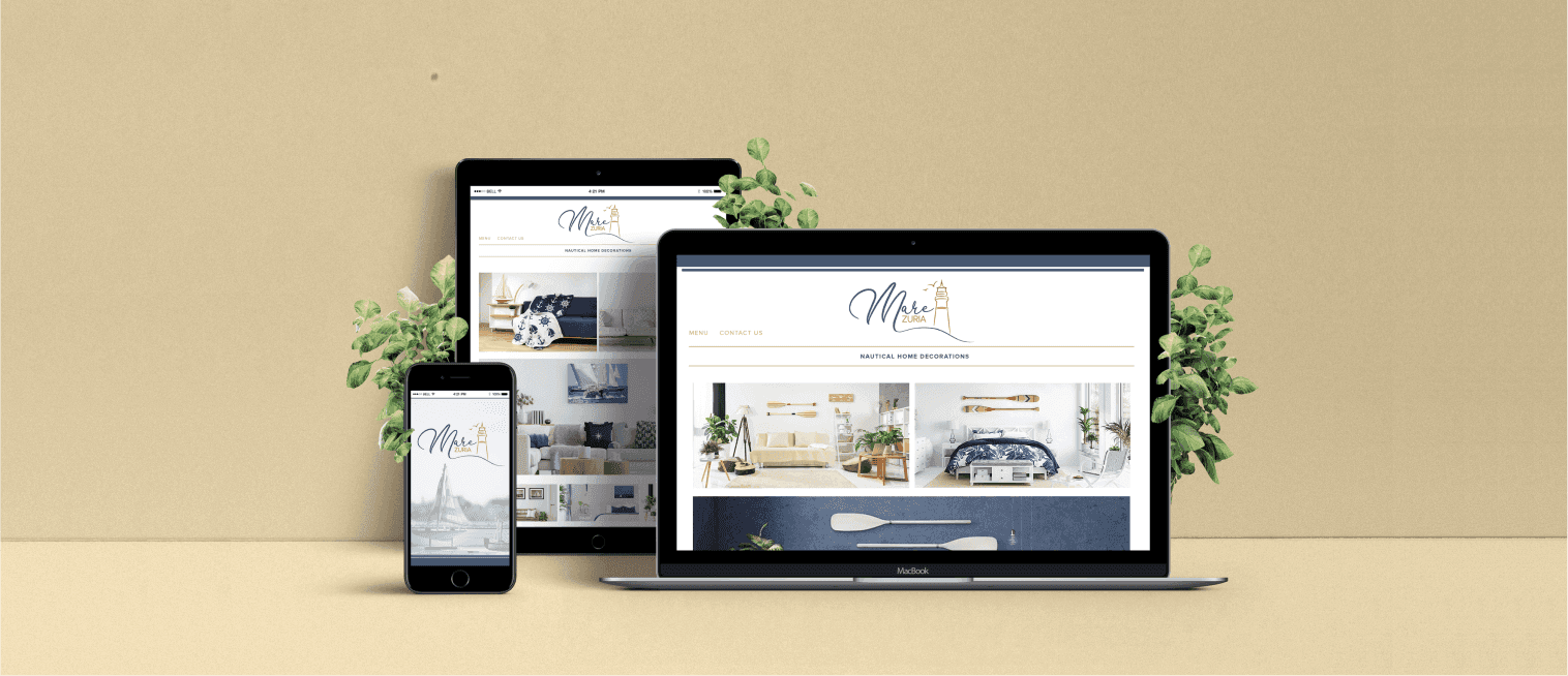 Logo displayed on a laptop, tablet and mobile  screen with a website.