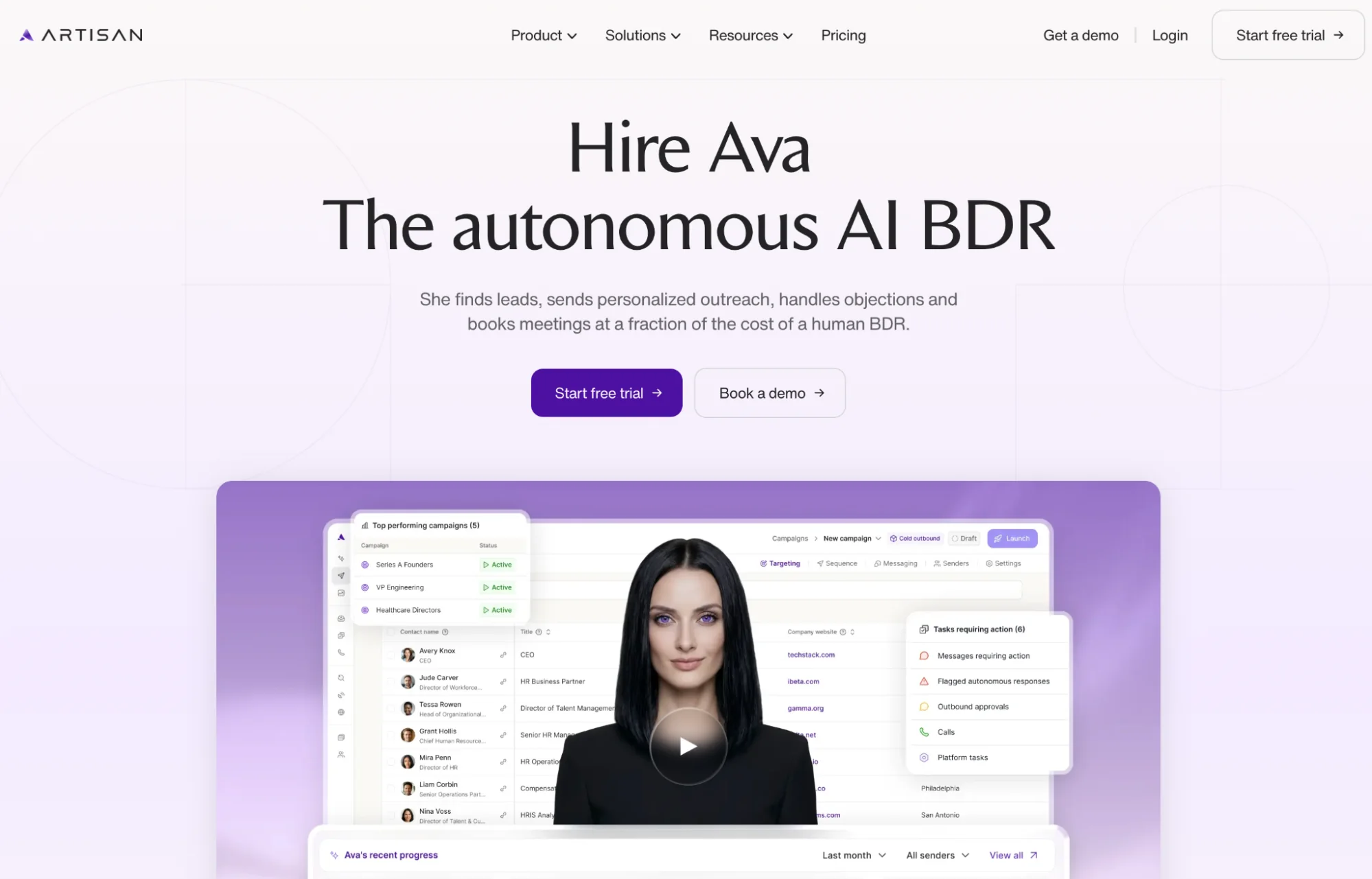 Artisan homepage: AI BDR platform that automates outbound sales outreach