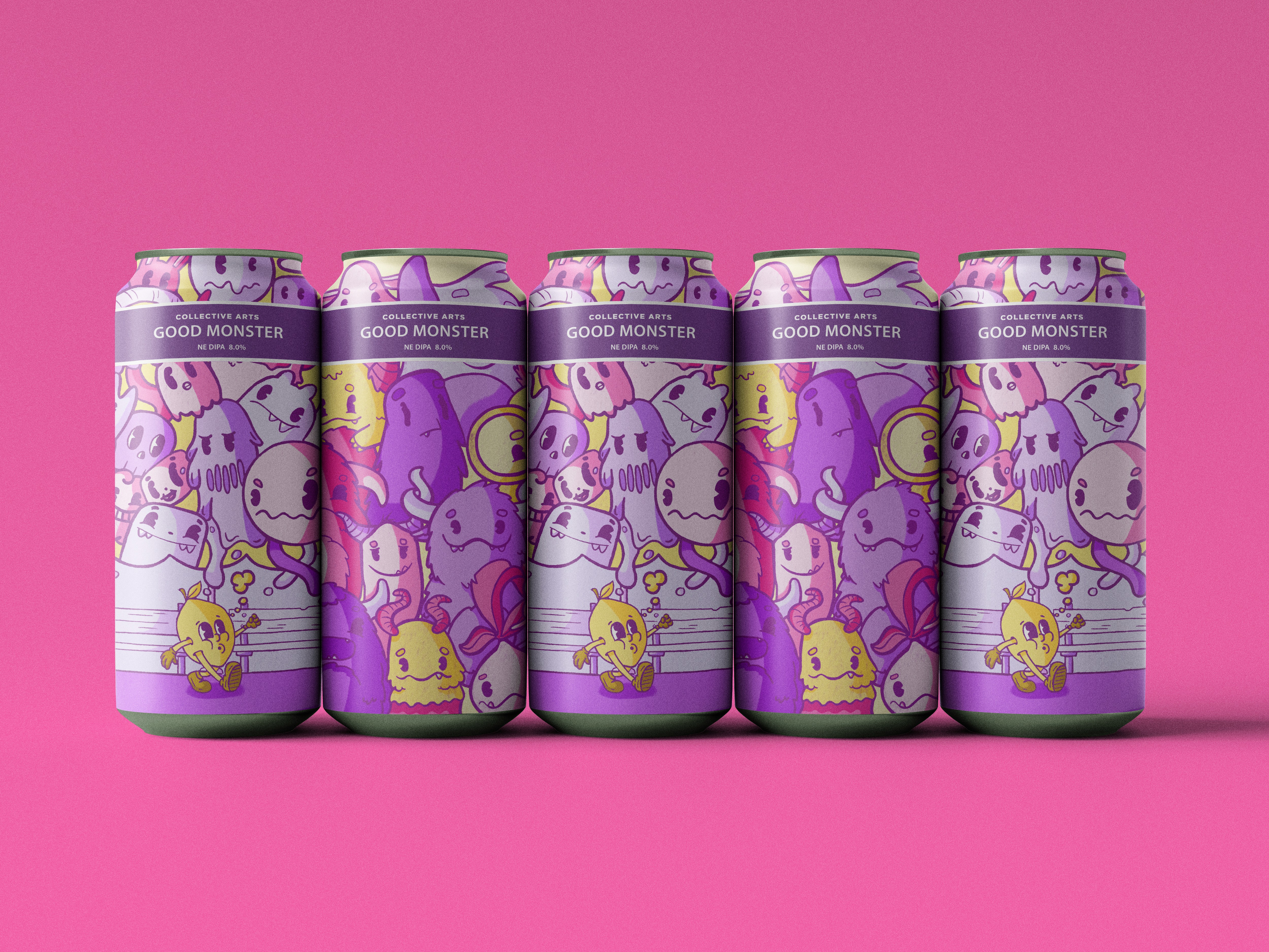 Mockup of 5 beer cans showcasing the 2 illustration designs done for the collective arts good monster project.