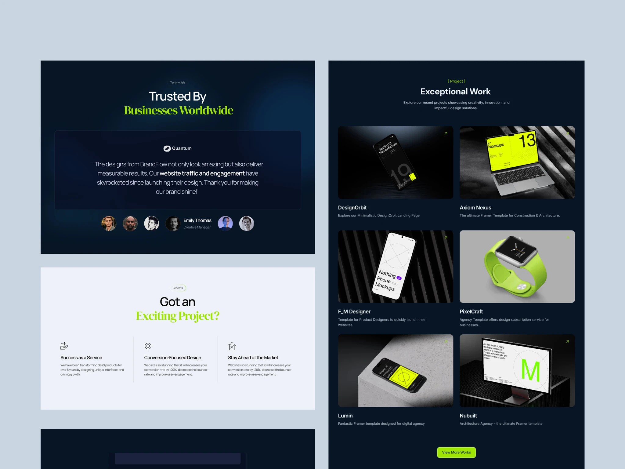 BrandFlowX creative agency Framer template showing testimonials, services, CTA section, and project portfolio grid