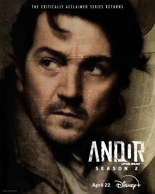 A new poster for Andor Season 2 showing Cassian in front of a geometric look at the Death Star