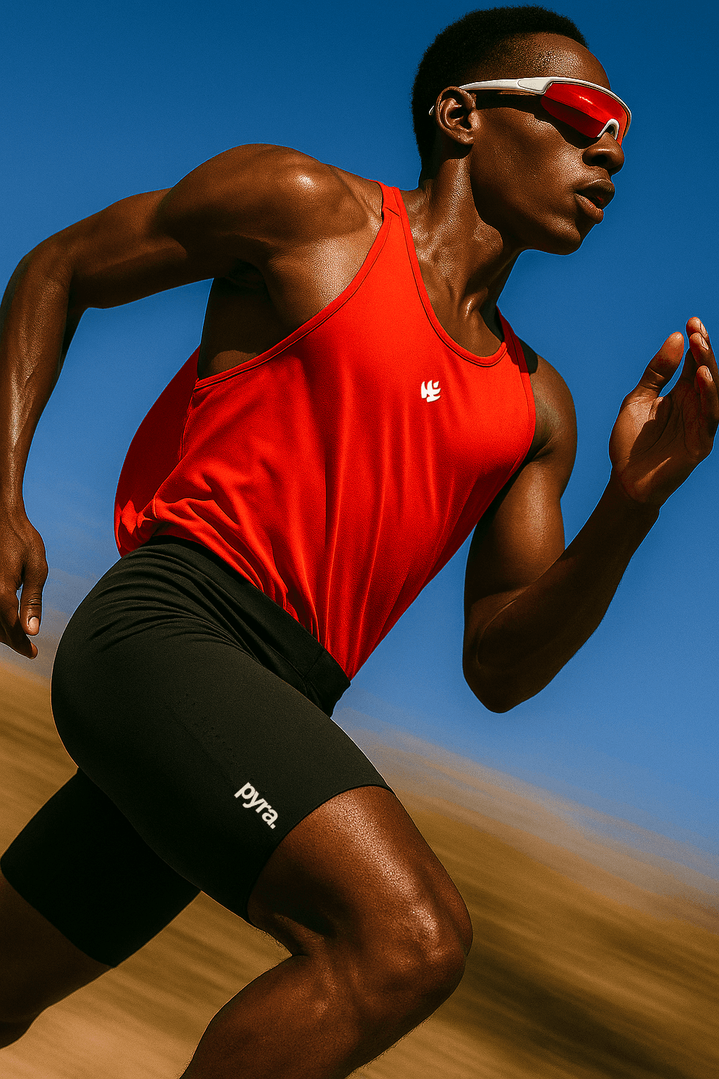 Athlete in a red tank top and black shorts sprinting outdoors, wearing white and red sports sunglasses under a clear blue sky.