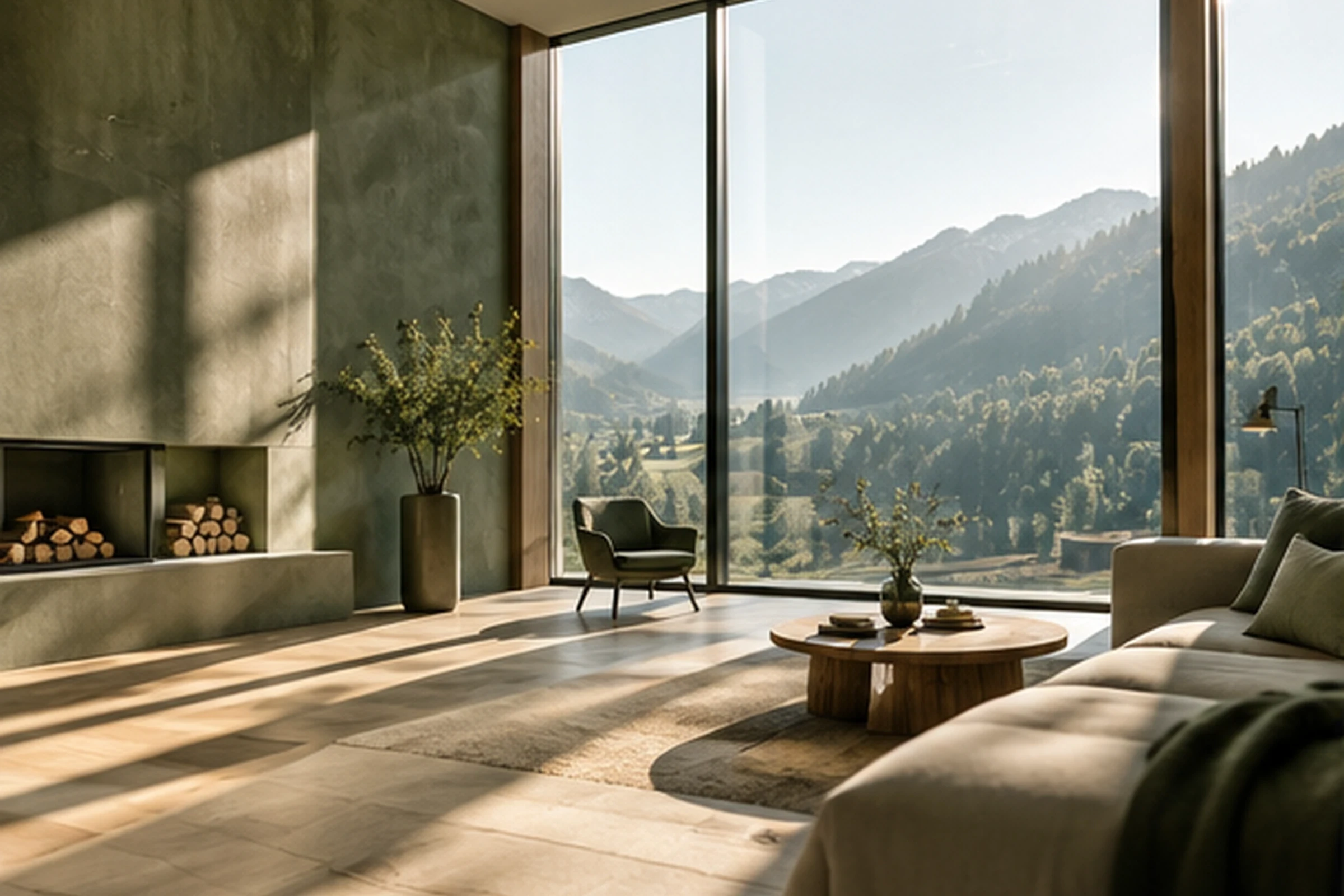 Bright living room with a window wall facing a green mountain valley