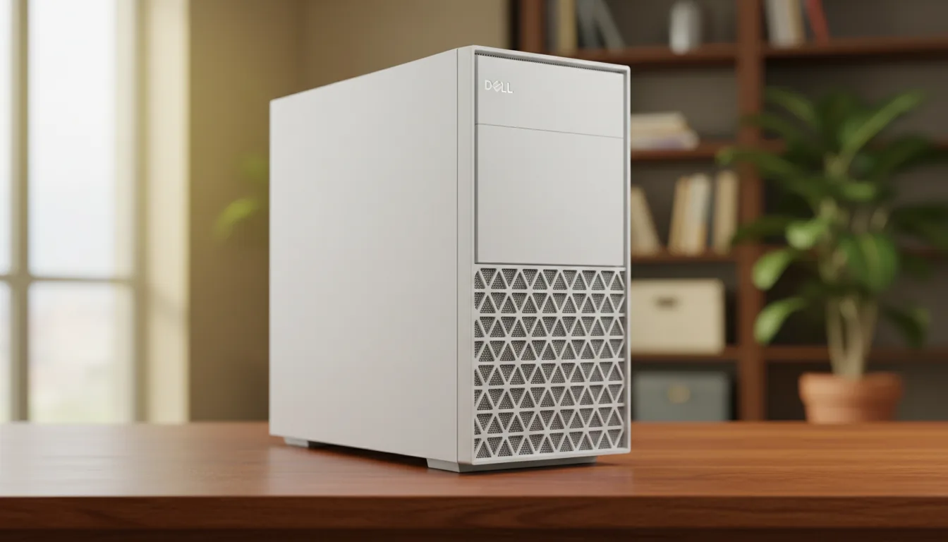 DSLR product photography of a modern white Dell XPS desktop computer tower on a rich, warm-toned wooden tabletop. The PC case features a matte white finish and a distinctive geometric lattice front grille. The shot is a three-quarters view, captured with soft natural daylight from a nearby window. Shallow depth of field creates a beautiful bokeh effect, softly blurring a green houseplant and the rest of the room in the background.