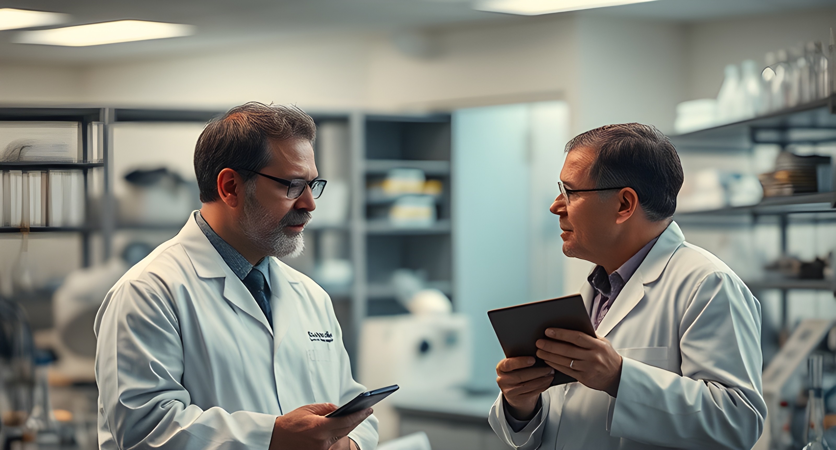 Two men in lab coats engaged in conversation, likely discussing scientific research or findings in a laboratory setting.