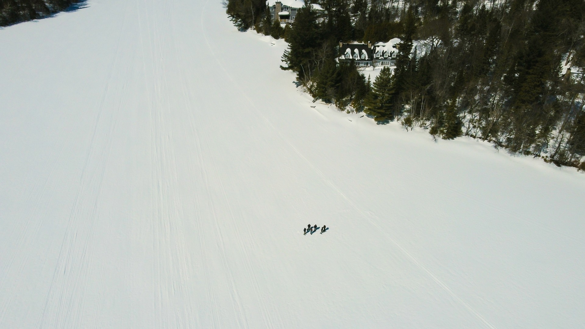 Vue aérienne d'un groupe sur un lac enneigé entouré d'arbres à Sainte-Agathe-des-Monts