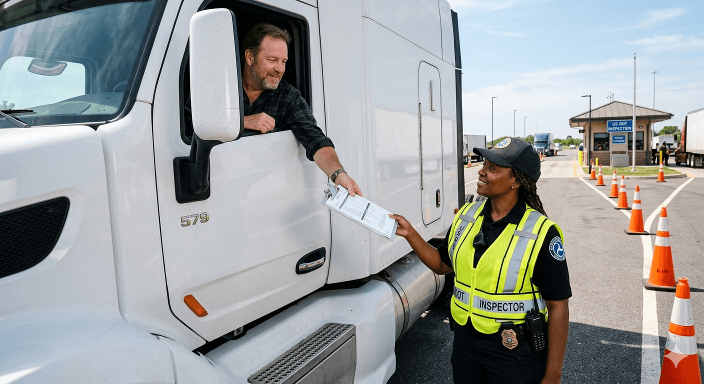 A female DOT inspector wearing a yellow high-visibility vest and badge receives paperwork from a male truck driver leaning out of the cab window of a white Peterbilt 579 semi-truck. The scene takes place at a US DOT inspection weigh station, with orange traffic cones and an inspection booth visible in the background. Ideal for content related to DOT inspections, FMCSA compliance, roadside inspections, CSA scores, truck driver regulations, and commercial vehicle safety week.