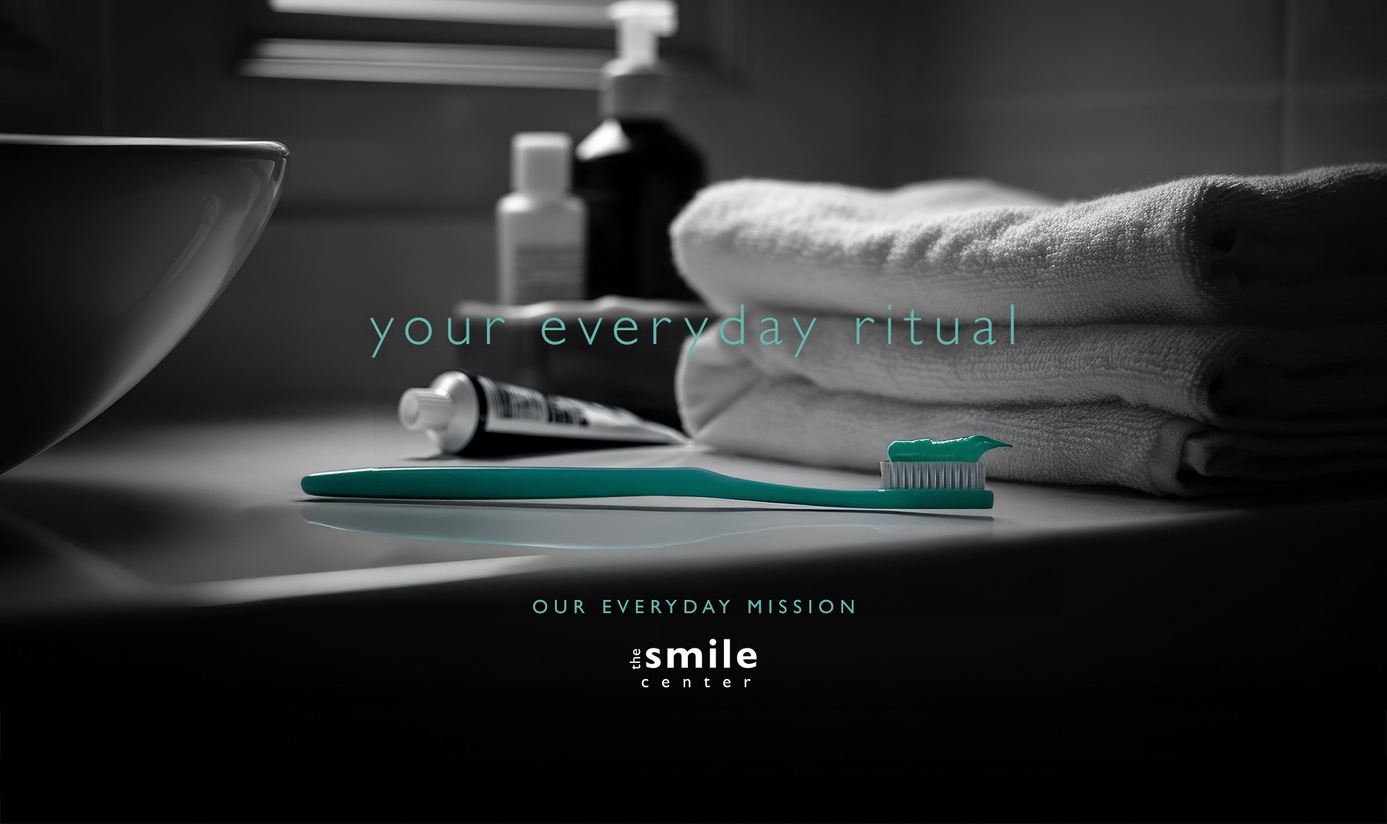 Teal toothbrush on the bathroom vanity