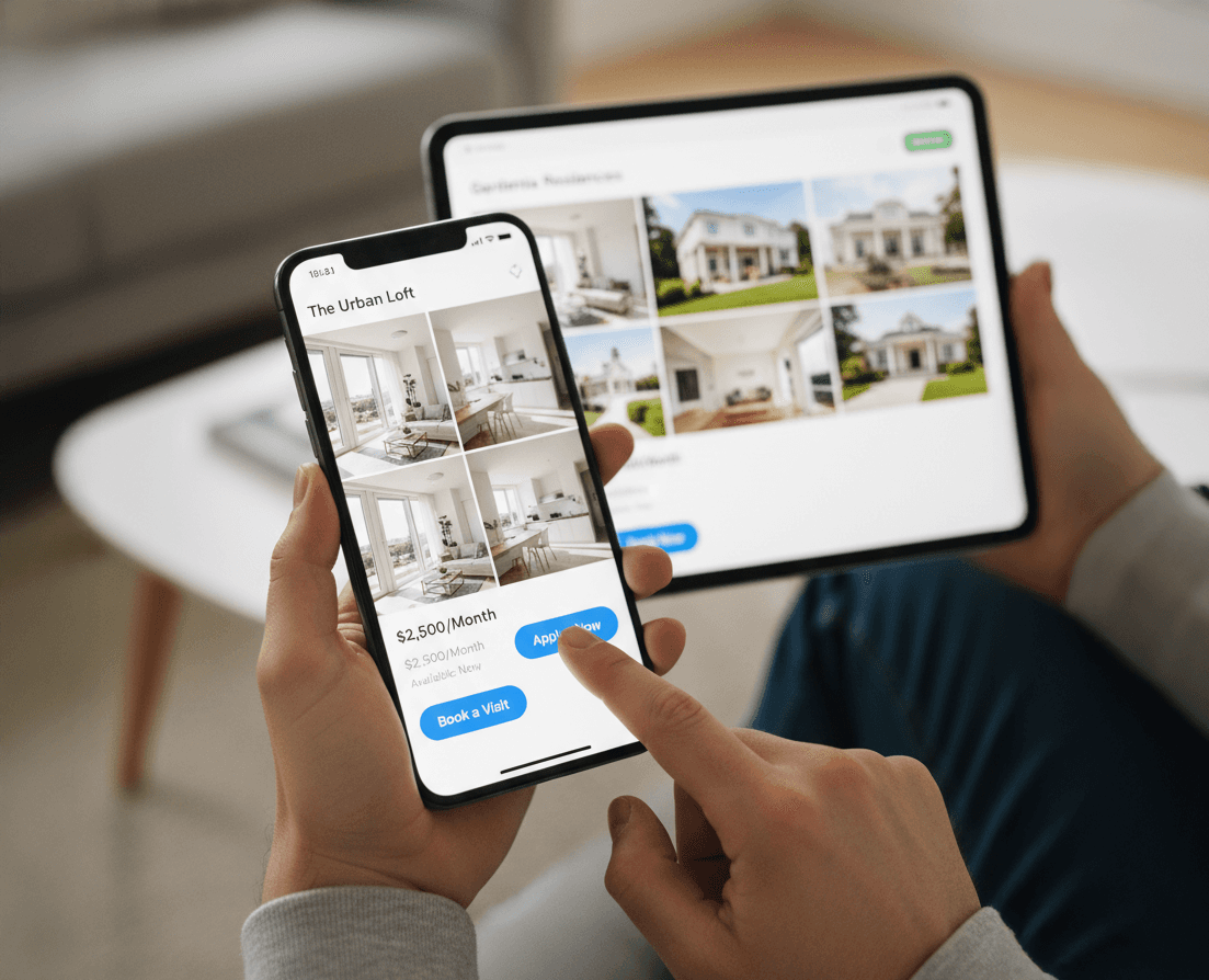“User-friendly property booking interface on mobile showing real estate listings, pricing, and visit scheduling.”