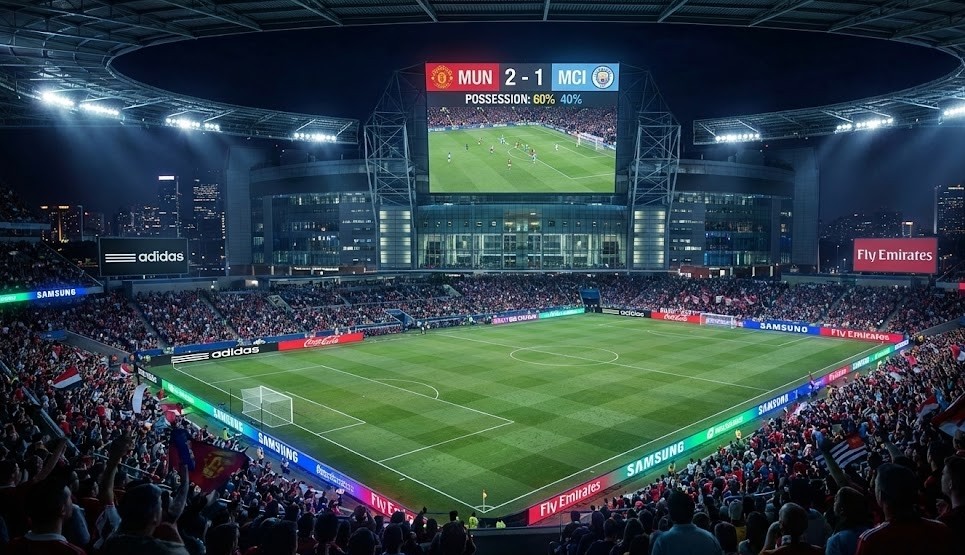 Vista panorâmica de um estádio de futebol moderno e lotado durante um jogo noturno. Um ecrã gigante exibe o resultado MUN 2-1 MCI e painéis LED publicitários iluminam o relvado.