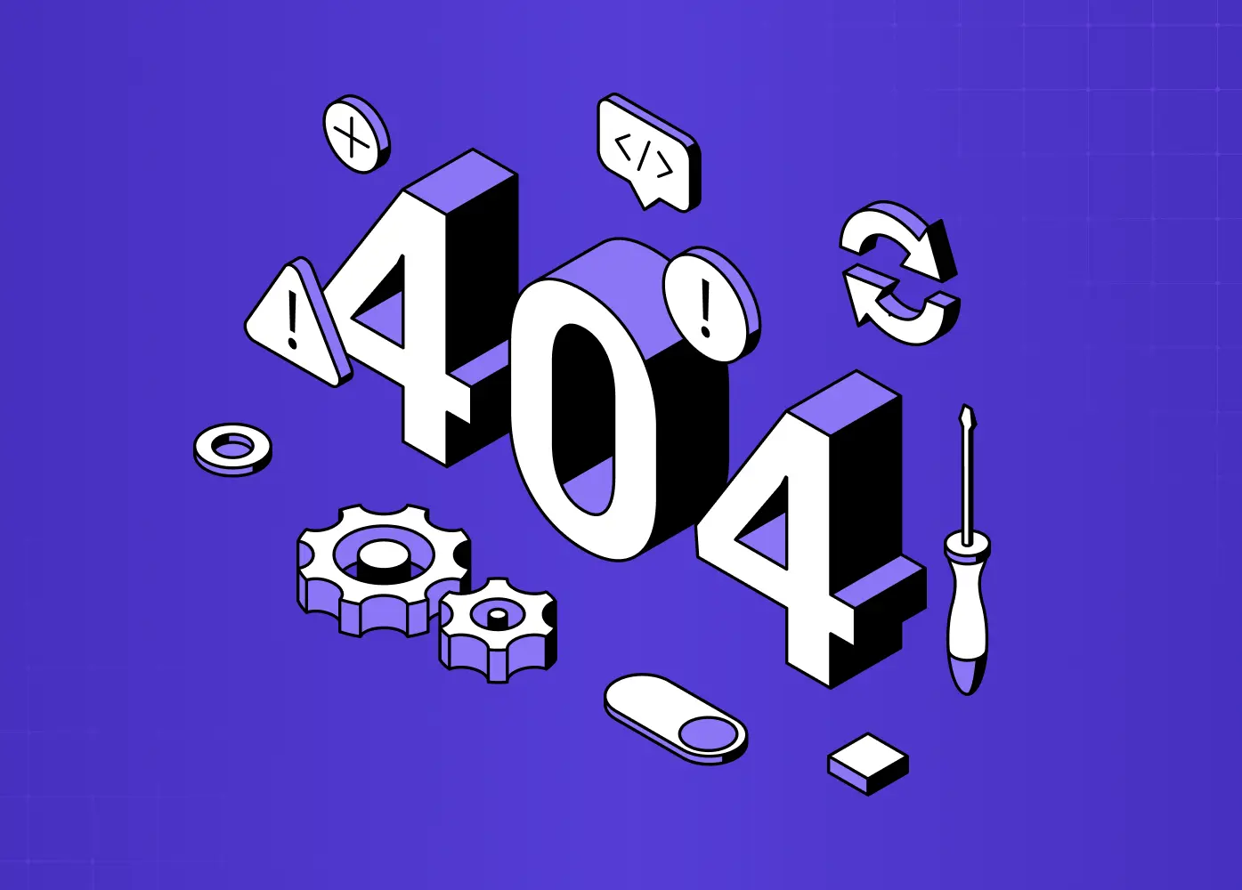 Isometric illustration of a large 404 surrounded by error and repair icons, including warning triangles, a code bracket, a refresh symbol, gears and a screwdriver.