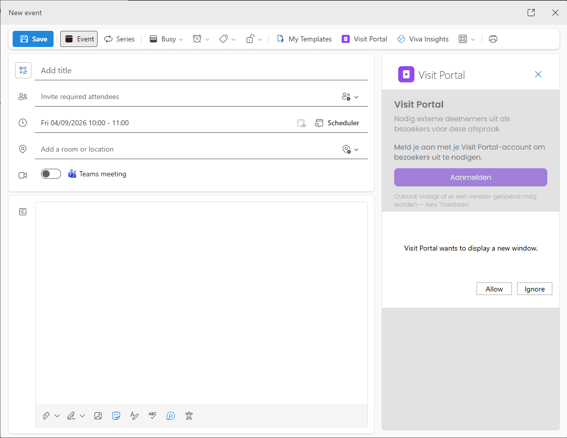 Aanmelden bij Visit Portal in Outlook en het pop-upvenster toestaan