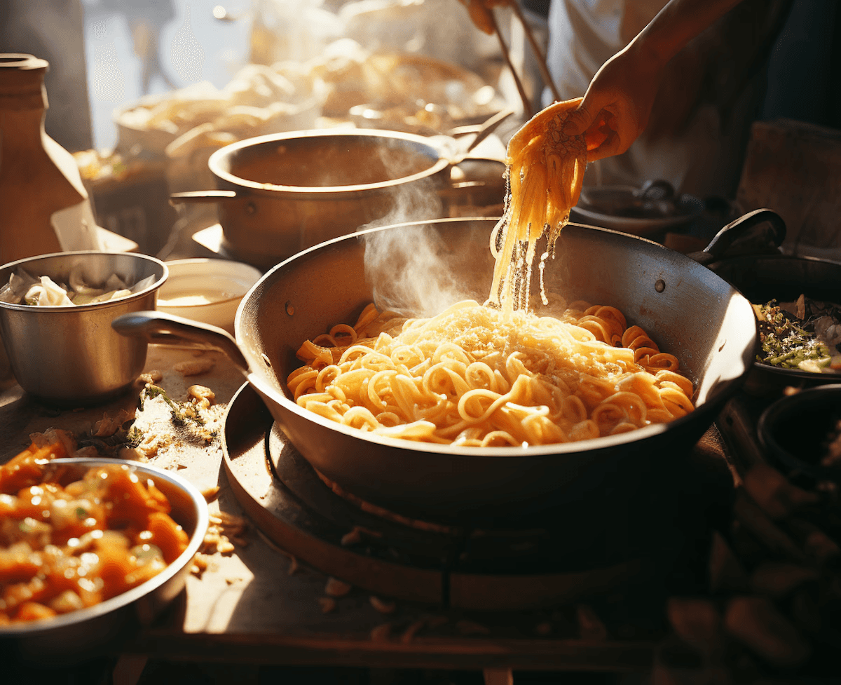 A close-up of a wok or large pan filled with golden noodles and vegetables, with a cook's hands adding more noodles, capturing steam and warm sunlight in a busy, rustic outdoor or market setting.