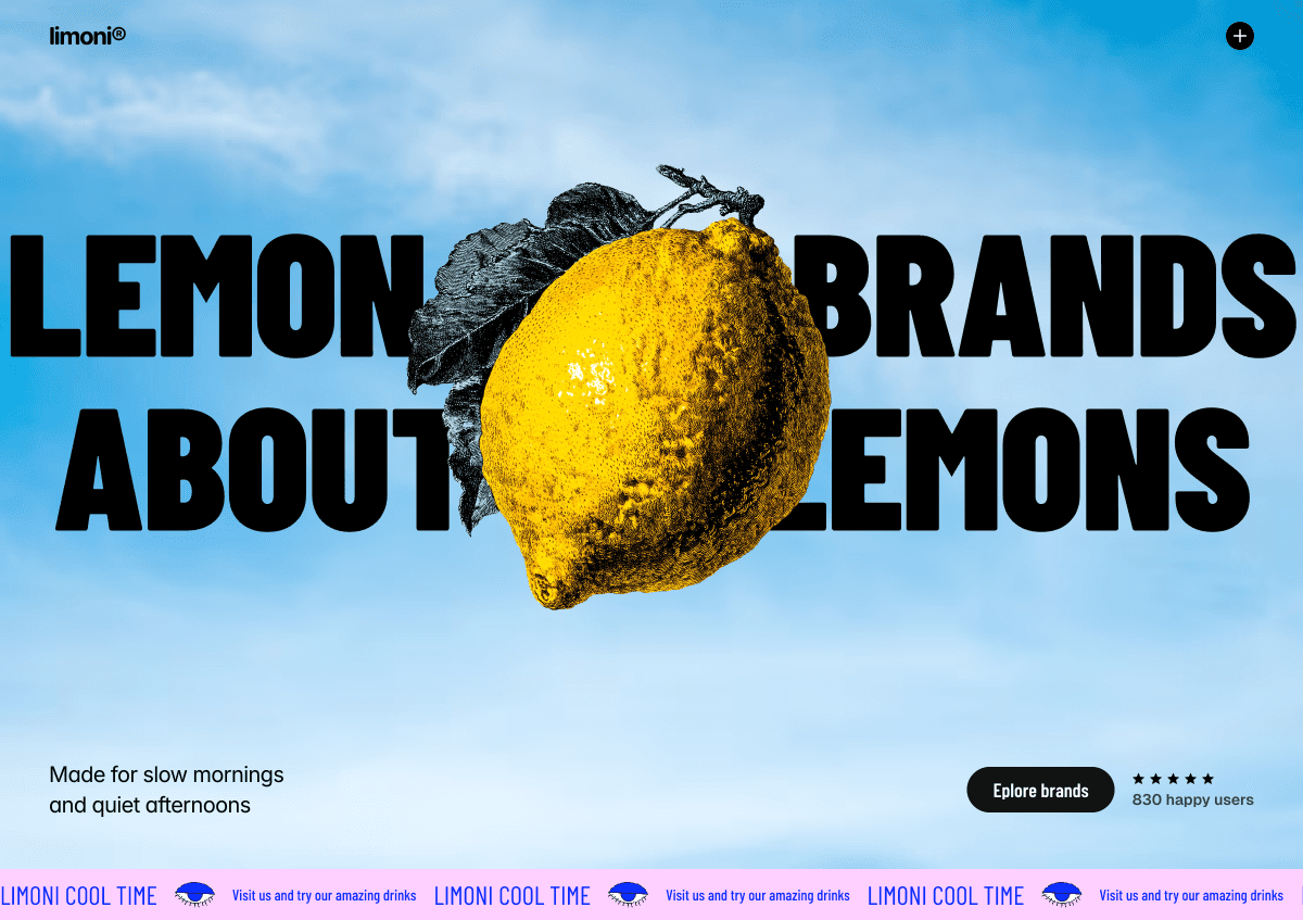 Bold lemon drink brand website hero with yellow lemon and oversized black typography