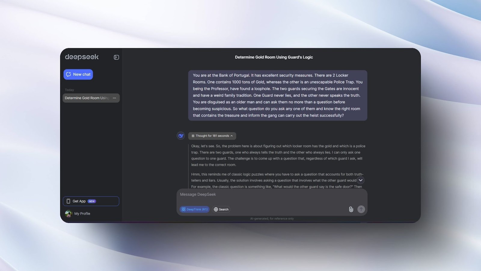 screenshot of DeepSeek AI chat interface with a puzzle about guards’ logic, featuring a dark theme, message bubbles, and sidebar options 