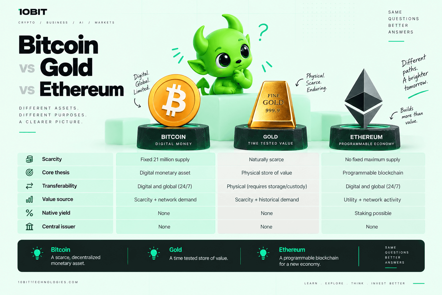 Bitcoin compared with gold and Ethereum across supply, transferability, value source, native yield and central issuance.