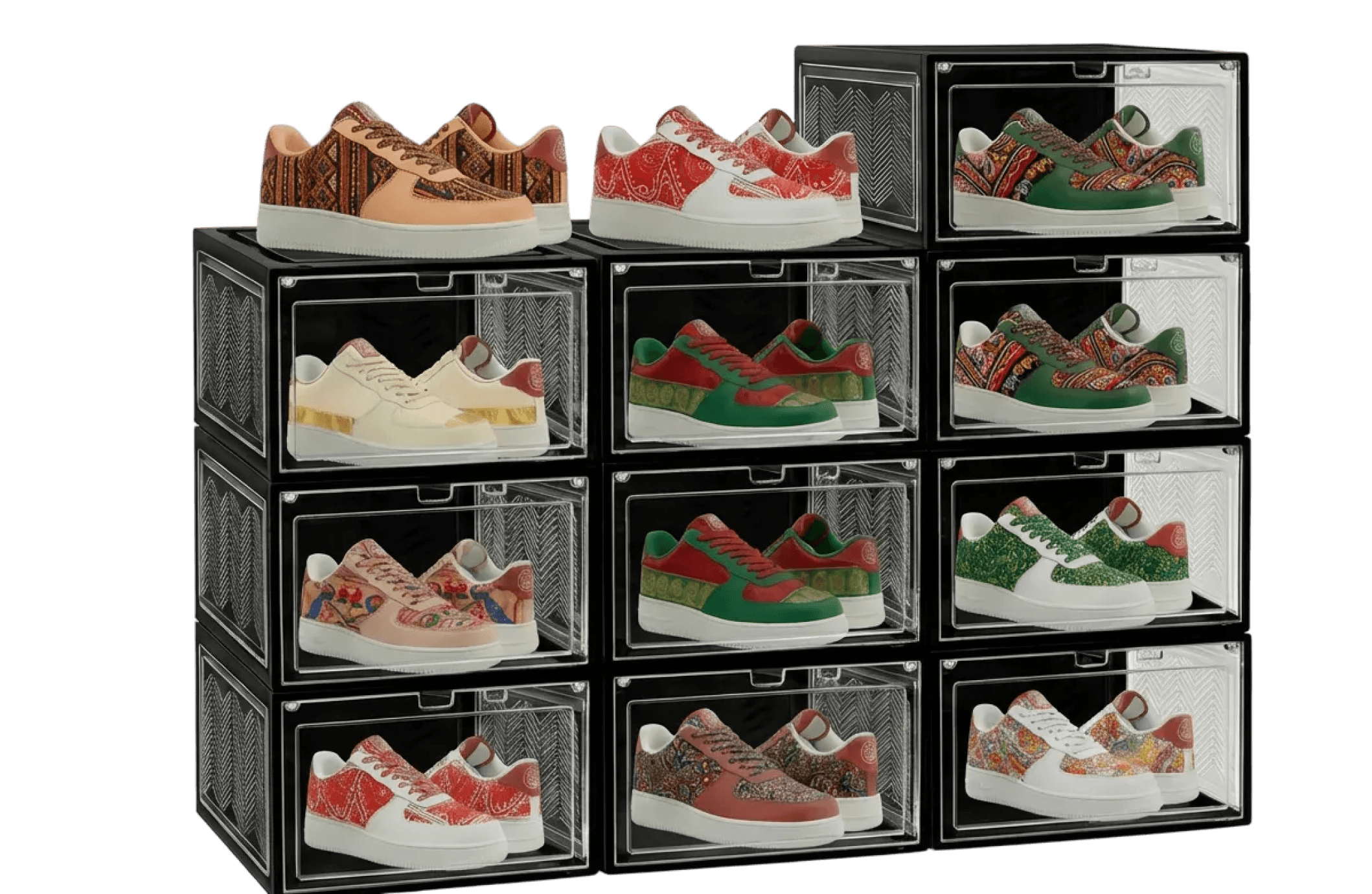 A black display shelf holding twelve Svaroots sneakers, each with a different textile patch